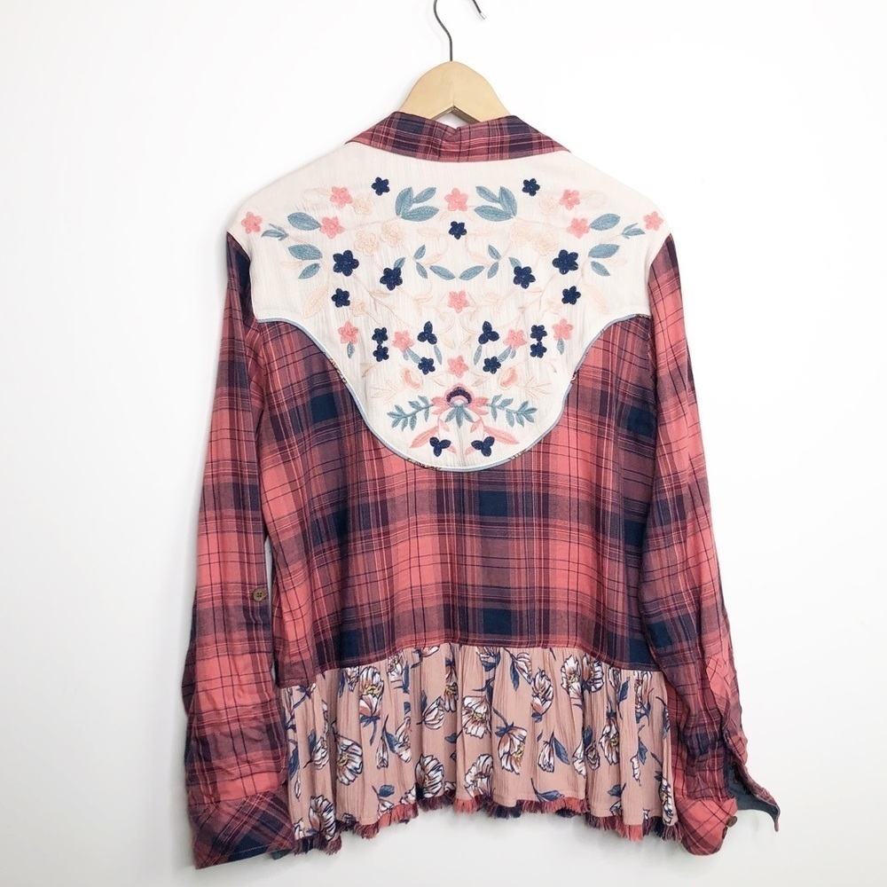JOHN • Mark mixed media plaid embroidered button-down shirt - Picture 8 of 11